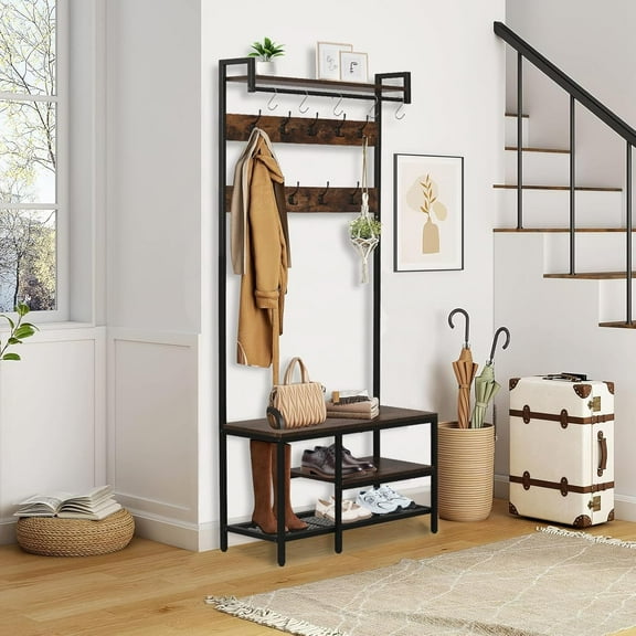 Corner Coat Rack, Corner Hall Tree with and Shoe Storage, Industrial coat rack with storage and 14 Hooks for Entryway Hallway Bedroom (Hall Tree Entryway)