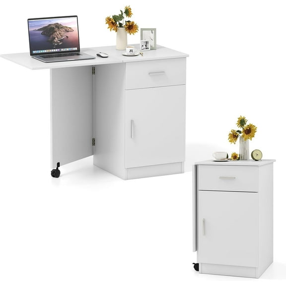 Folding Computer Desk with Drawer, Home Office Desk w/Cabinet & Adjustable Shelf, Compact Foldable Side Table, Study Writing Desk for Small Spaces, Dorm, Apartment (White)