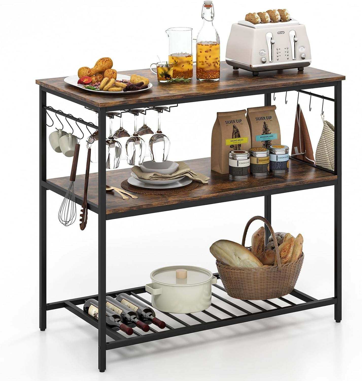 ONZA Kitchen Baker Rack with 3 Tier Storage Shelves, 10 Hooks, Glass ...