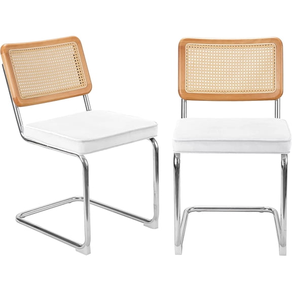 ONZA Rattan Dining Chair Set of 2, Mid-Century Modern Chairs with Metal Chrome Legs, Armless Cane Back Chairs with Upholstered Cushion for Home Kitchen Dining Room, White