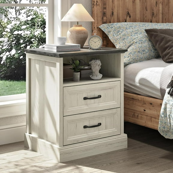 ONZA White Nightstand with Drawer Storage, Farmhouse End Table with Open Shelf, Mid Century Wood Bed Side Table Night Stand for Bedroom Living Room Sofa, 20 Inch