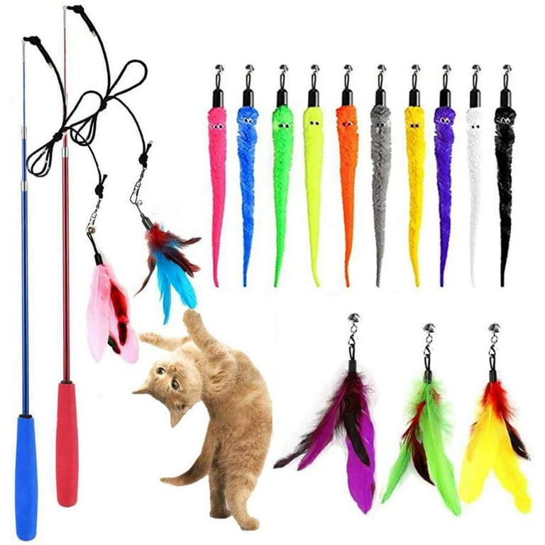 OODOSI Cat Toy Wand, Retractable Cat Feather Toys and Replacement Refills  with Bells, Interactive Cat Toys for Cat Kitten Exercise ColorA 