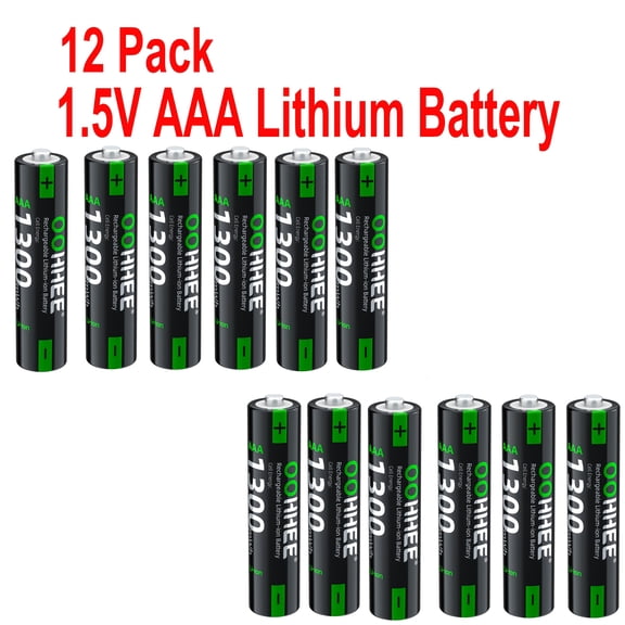 OOHHEE 12 Pack 1.5V Lithium-Ion AAA 1300mWh High Capacity Rechargeable Batteries