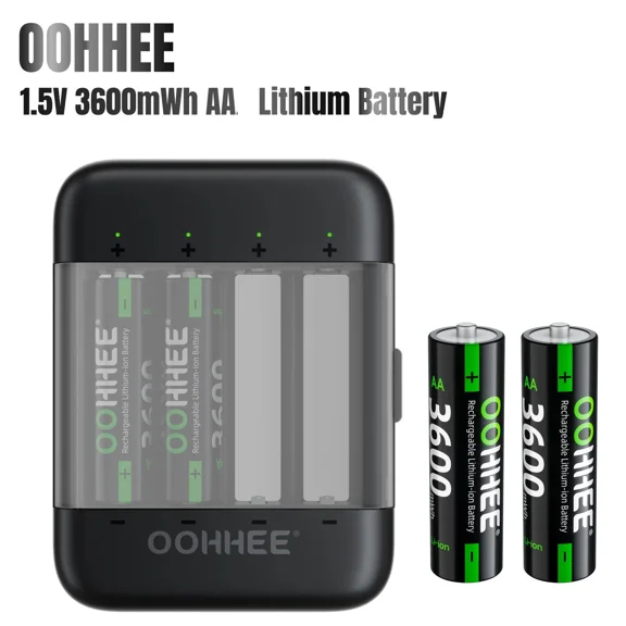 OOHHEE 4x AA Lithium Rechargeable Batteries 3600mWh 1.5V + Charging Storage Box