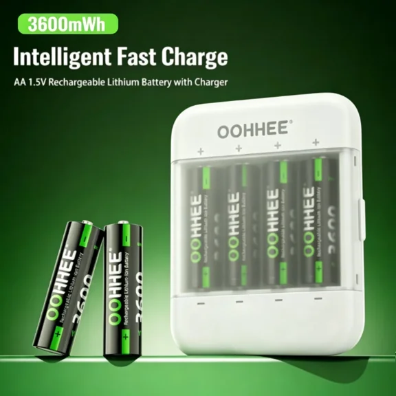 OOHHEE 4x Rechargeable 1.5V AA 3600mWh Lithium Batteries + Thin Charging Storage Box
