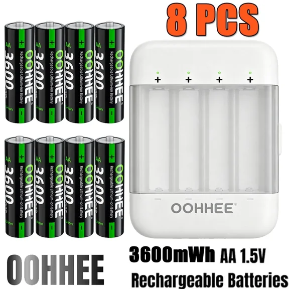 OOHHEE 8 PCS AA 3600mWh 1.5V Rechargeable Lithium Battery with White Charging Storage Box