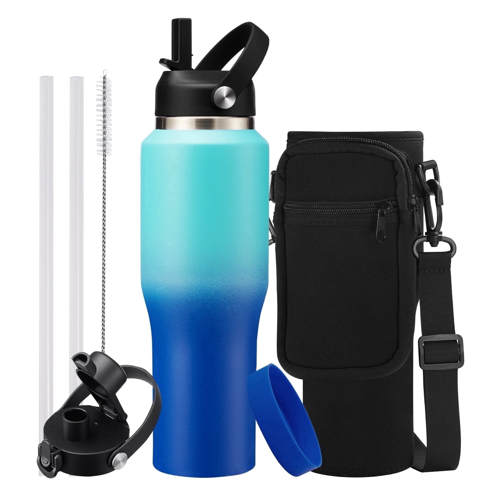32oz Insulated Water Bottle with Straw - Keep Cold 48h or Hot 24h, Vacuum Stainless Steel Tumbler with Carrier Bag, T-shape Thermal Cup Fit Car Cup Holder