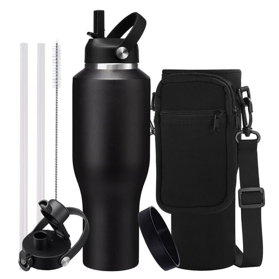 OOICO 40 oz Insulated Tumblers with Straw - Pop-up Spout Lid, Carryier Bag & Flask Boot, Vacumm Stainless Steel Water Bottle for Cup Holder