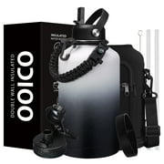 OOICO 64OZ Stainless Steel Water Bottle with Paracord Handle, Bottle Carrier Strap, Straw & Spout Lid, Leak-proof Large Sports Water Jug