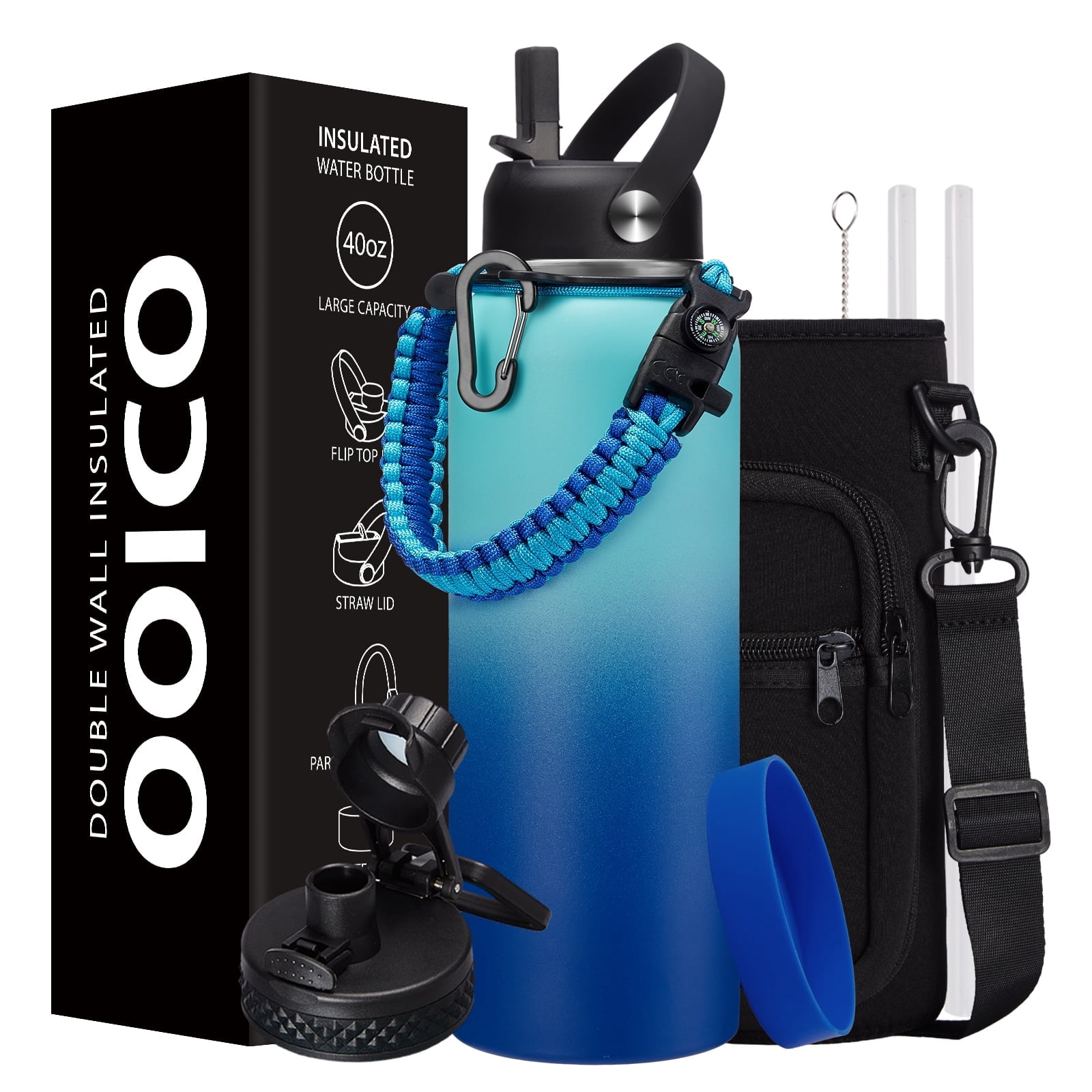 OOICO Insulated Water Bottle with Straw - Auto Spout Lids, 40OZ Water Bottle Stainless Steel for Gym Sport Work Travel, Vacuum Flask with Carrying Strap Bag