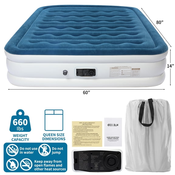 OOILOLN Indoor Guest Air Mattress - 14 Inch Inflatable Bed with Built-In Pump, 3-Minute Inflation, Flocked Waterproof PVC for Hosting Family & Friends