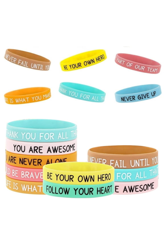 24pcs Motivational Silicone Bracelets Bulk Colored Inspirational Rubber Wristbands Unisex for Student Teacher Office Prizes Gifts Back to School Party Favor Supplies