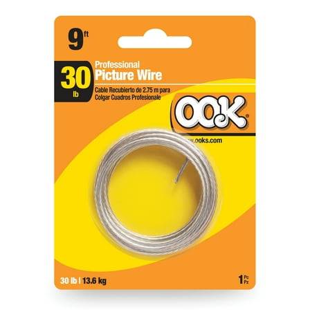 Ook Professional Coated Picture Wire, 9 ft, 30 lbs, Steel, Plastic Coated, Silver
