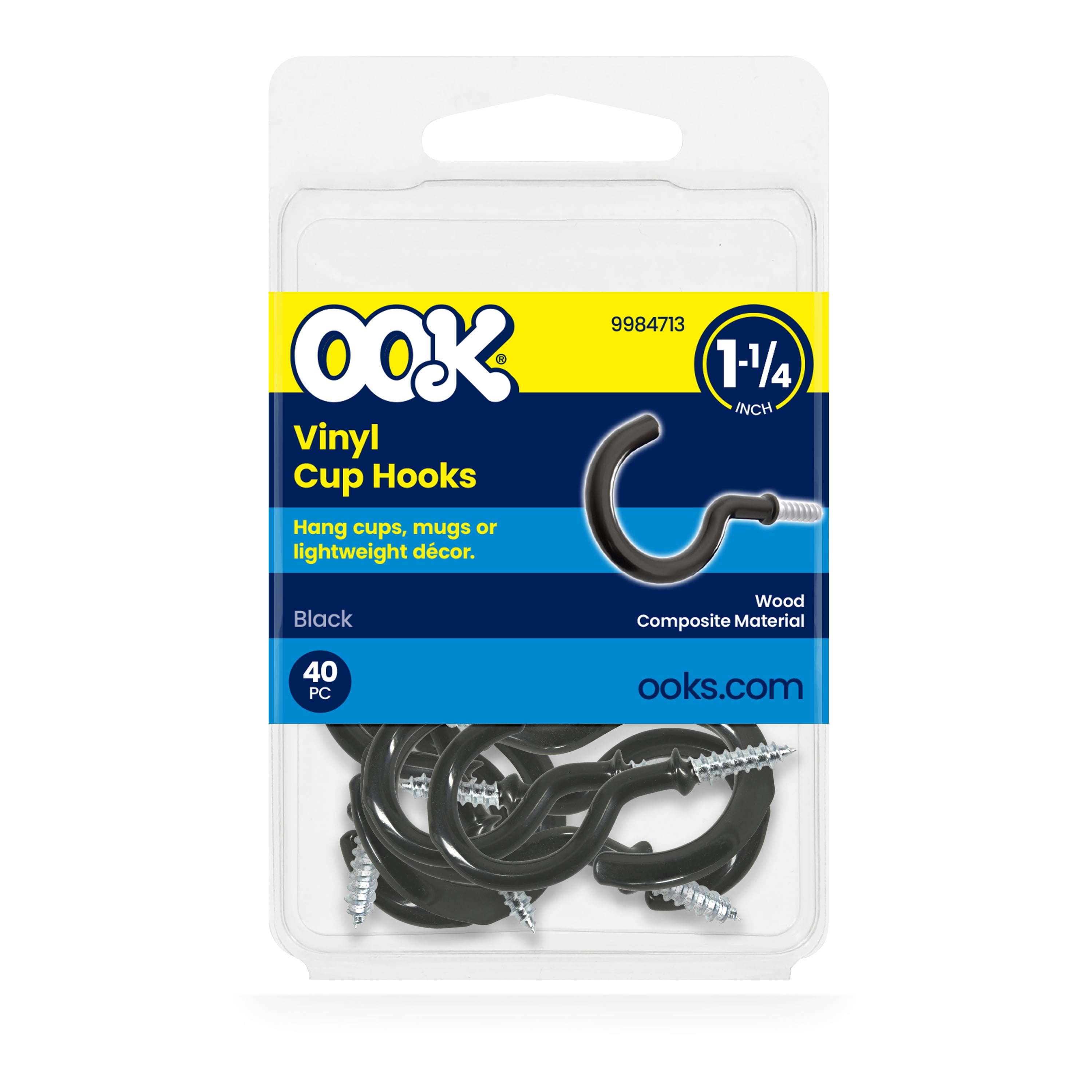 Ook Cup Hooks, 1-1/4", 1 lbs, Screw Hooks, Steel, Black Vinyl, 40 pack