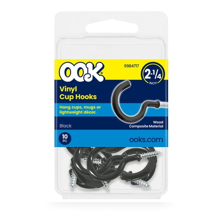 Ook Cup Hooks, 2-1/4", 0.5 lbs, Screw Hooks, Steel, Black Vinyl, 10 pack