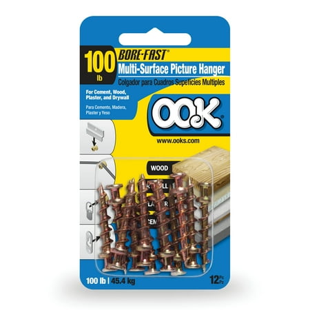 Ook Picture Hangers, Bore-fast Multi-Surface, 100 lbs, for Drywall Plaster Wood, Steel, Brass, Gold, 12 pack