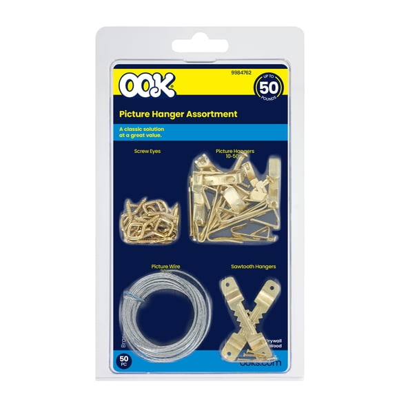 Ook Picture Hanging Kit, 50 lbs, Steel Picture Hooks, Wire, and Screw Eyes, Brass, Gold, 50 pack