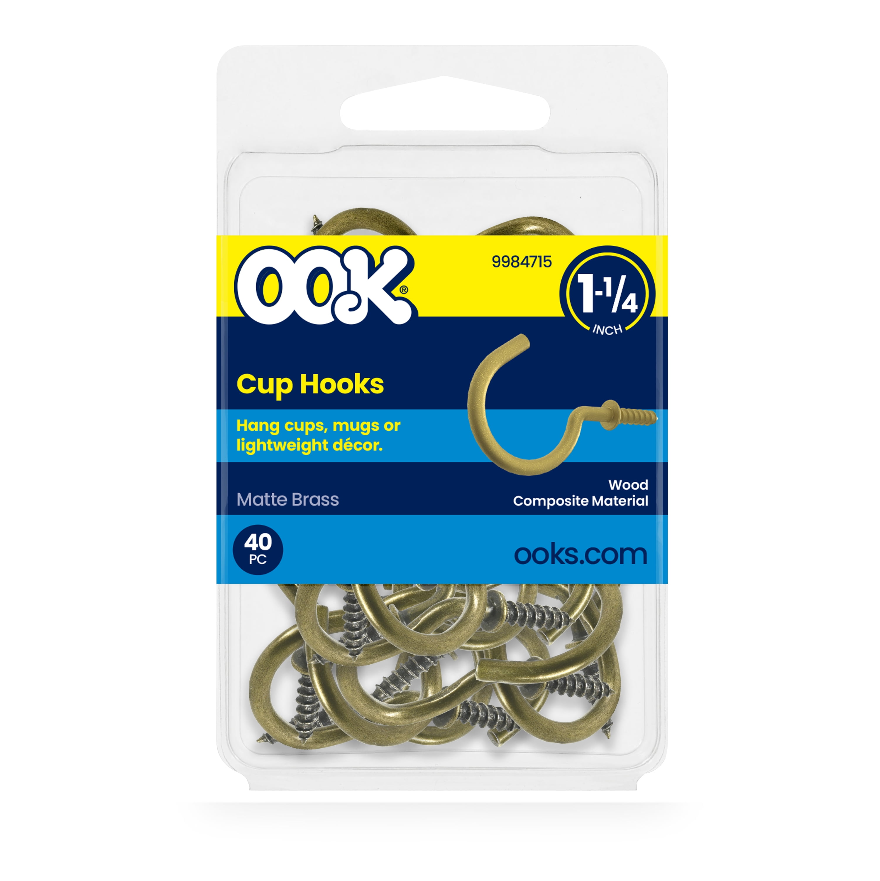 Ook Cup Hooks, 1-1/4", 1 lbs, Screw Hooks, Steel, Matte Brass, 40 pack