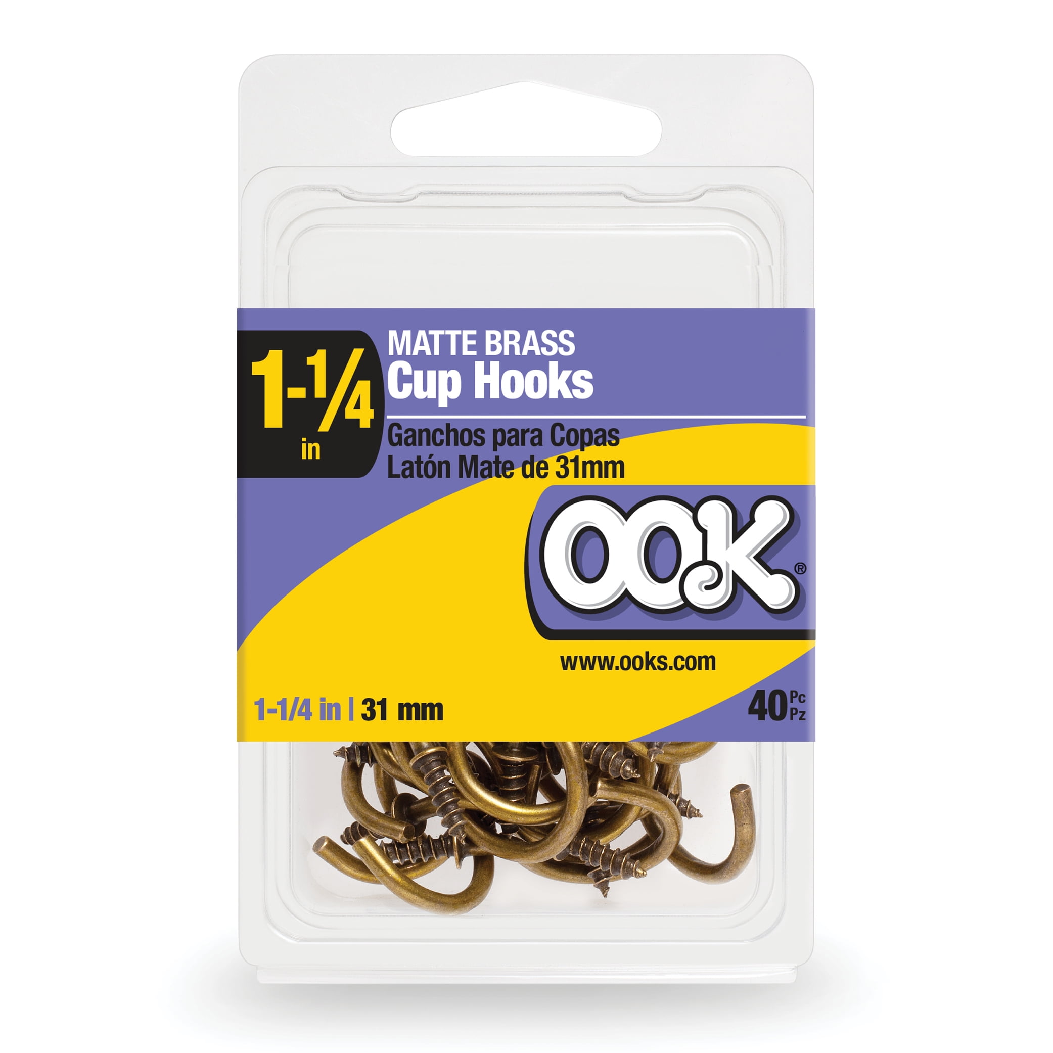 OOK Brass Vinyl Cup Hooks, 1.25", Screw-in Cup Hooks, 40 Pieces