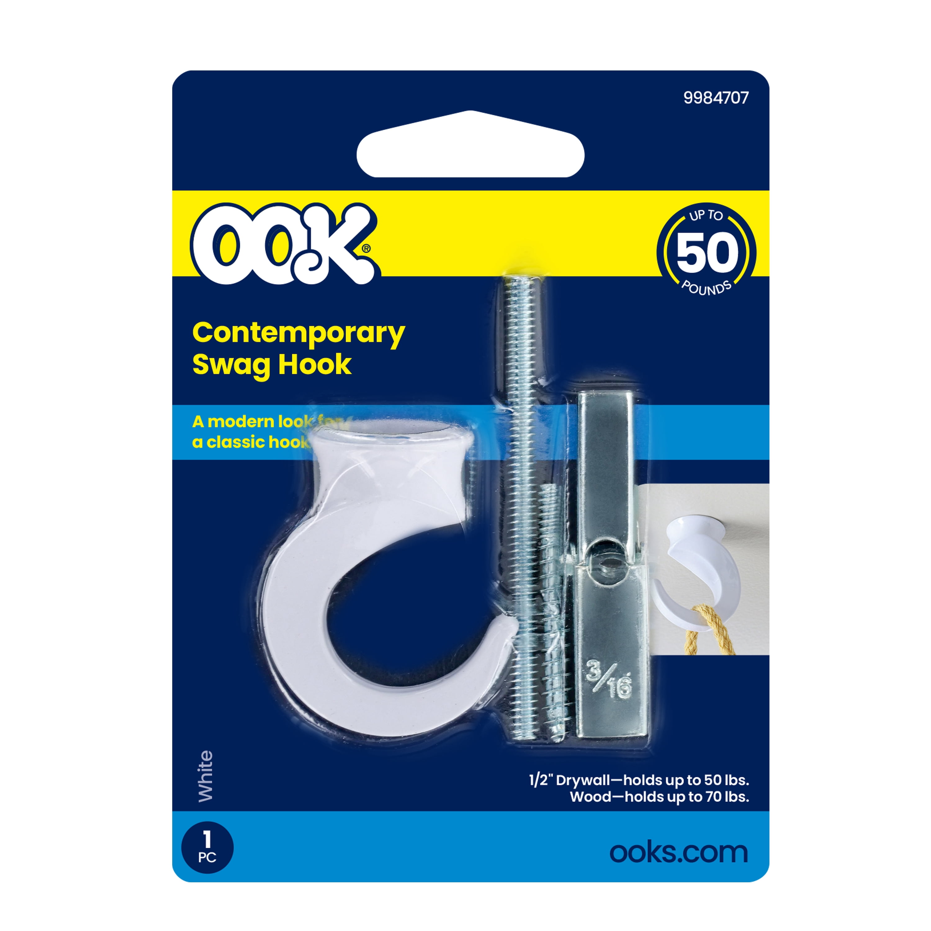 Ook Contemporary Swag Hook, Screw Hook 50 lbs, Steel, White, for Drywall and Wood, 1 pack