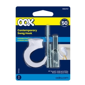 Ook Contemporary Swag Hook, Screw Hook 50 lbs, Steel, White, for Drywall and Wood, 1 pack