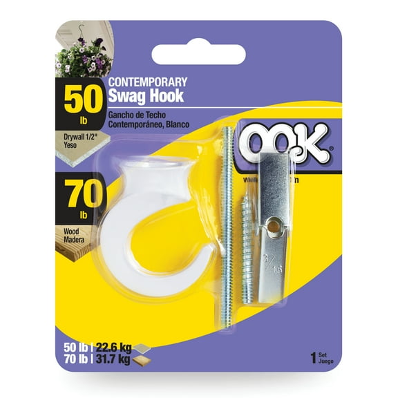 OOK Contemporary Swag Hook, White Finish, Steel, 50-70lb Weight Limit, 1 Set