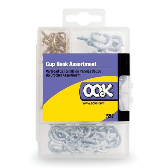 Ook Cup Hangers, Cup Hook Assortment, Various Sizes and Colors, Steel, Brass / Zinc Finish / White / White Vinyl Finish, 55 pack