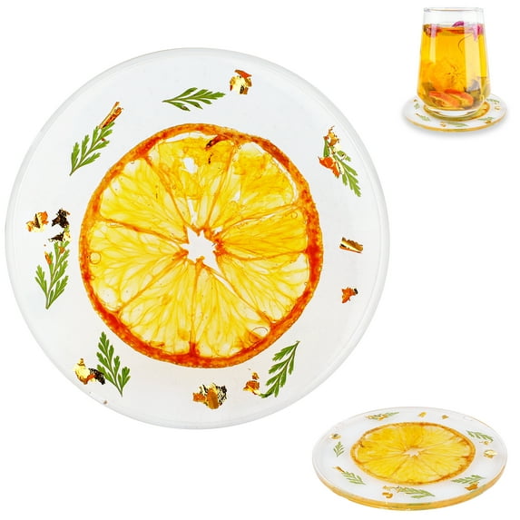 OOK Dried Orange Drink Coasters, Clear Orange Resin Drink Cup Mat Non-Slip Cute Round Coasters for Drink Coffee Table Wooden Desk Kitchen Bar Mugs Home Decor