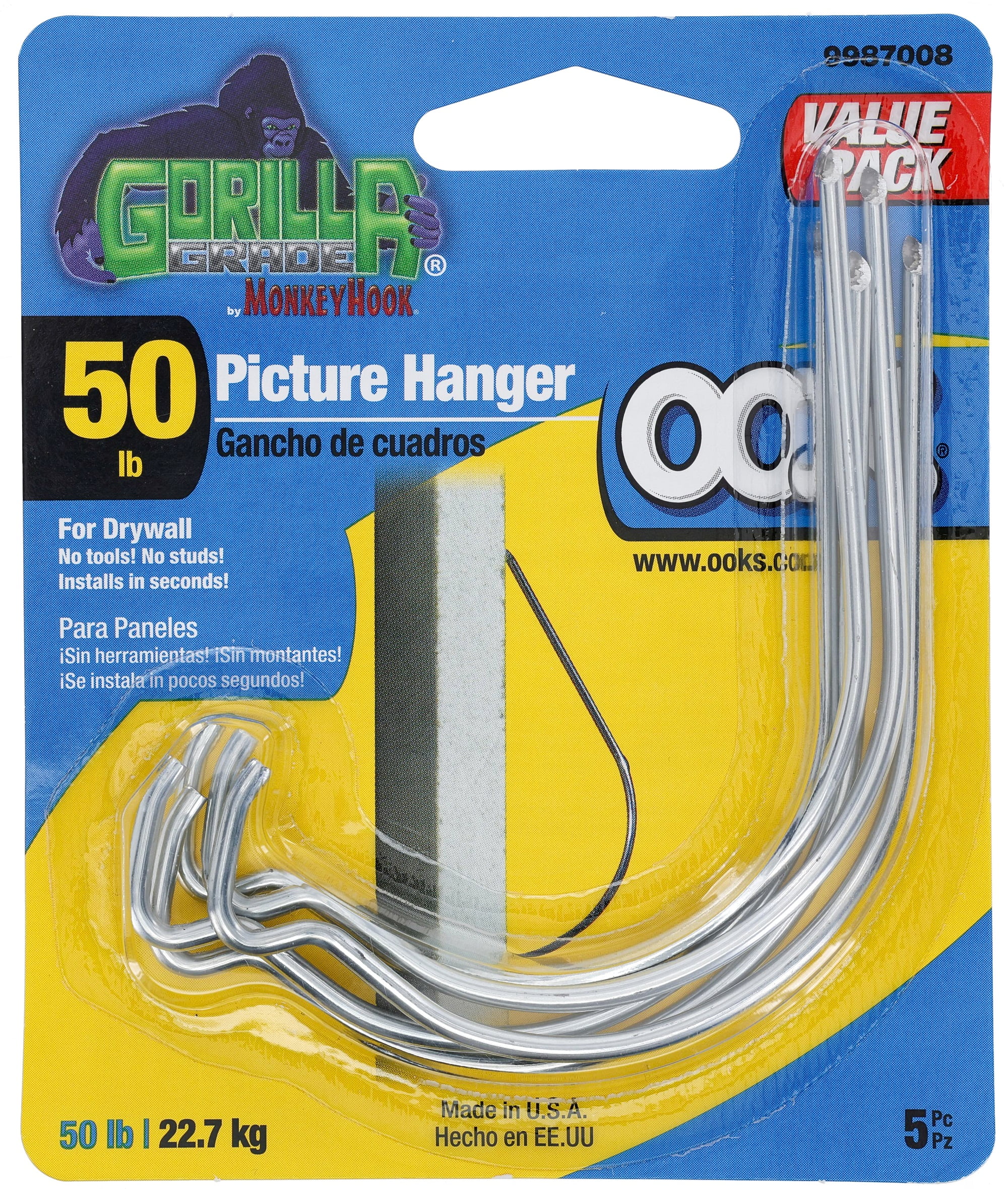 OOK Monkey Hook Picture Hangers, Drywall, Steel, Tool Free (50lb) 5 Pack