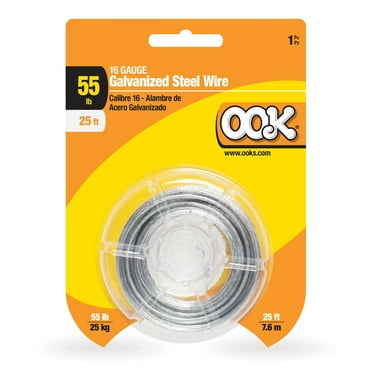 OOK Galvanized Steel Hanging Wire, Silver, 25FT, 55LB, 16 Gauge Wire, 1 Pack