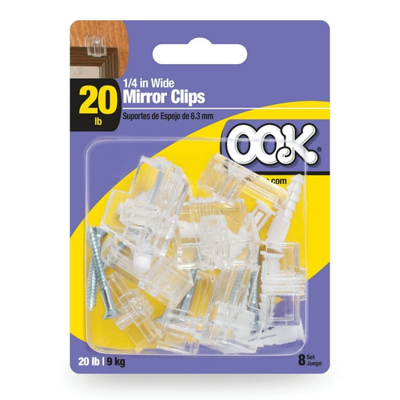 Ook Wide Mirror Clip Holders, Large Mirror Hangers, 20 lbs, Plastic, Screw-in, Clear, 8 pack