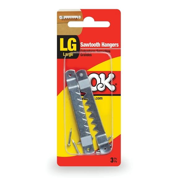 Ook Sawtooth Picture Hangers, ReadyNail, Large, Self-leveling, Steel, Zinc Finish, Silver, 2 pack