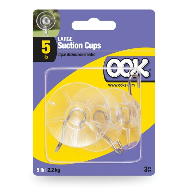OOK Large Suction Cup Hook 3 Pack, Plastic, Clear