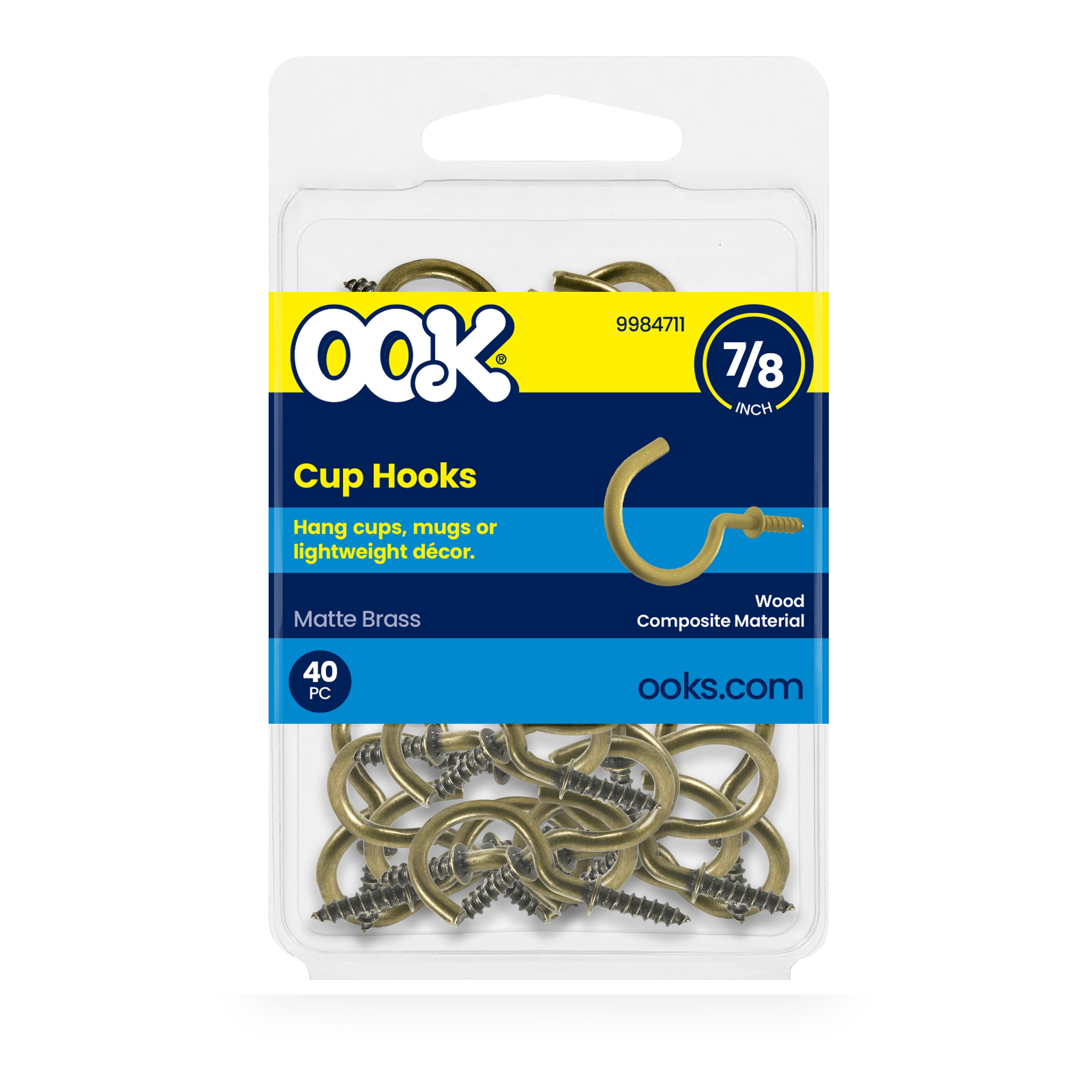 Ook Cup Hooks, 7/8", 0.5 lbs, Screw Hooks, Steel, Matte Brass, 40 pack