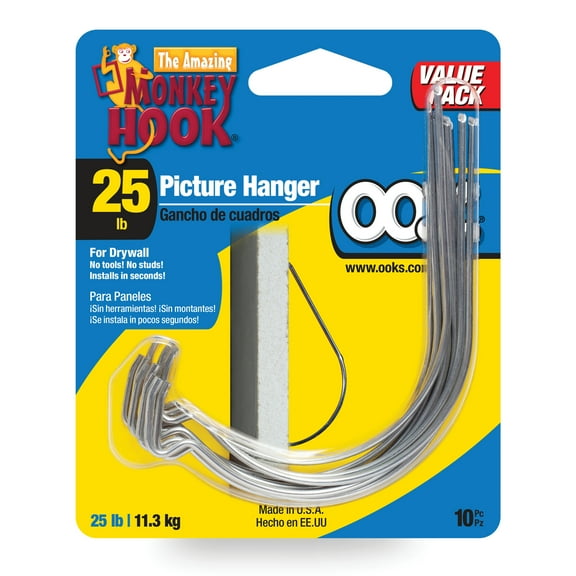 Ook Monkey Hook Picture Hangers, Spring Steel Picture Hanging Hooks for Drywall, 25 lbs, Zinc, Silver, 10 pack