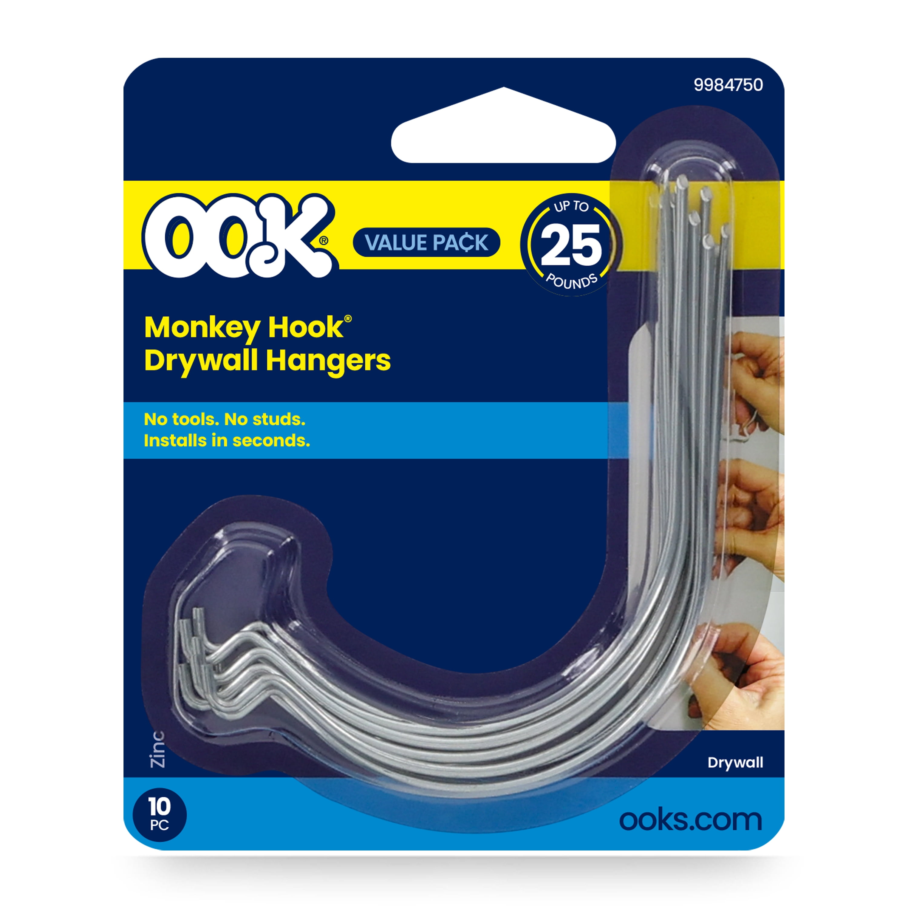 Ook Monkey Hook Picture Hangers, Spring Steel Picture Hanging Hooks for Drywall, 25 lbs, Zinc, Silver, 10 pack
