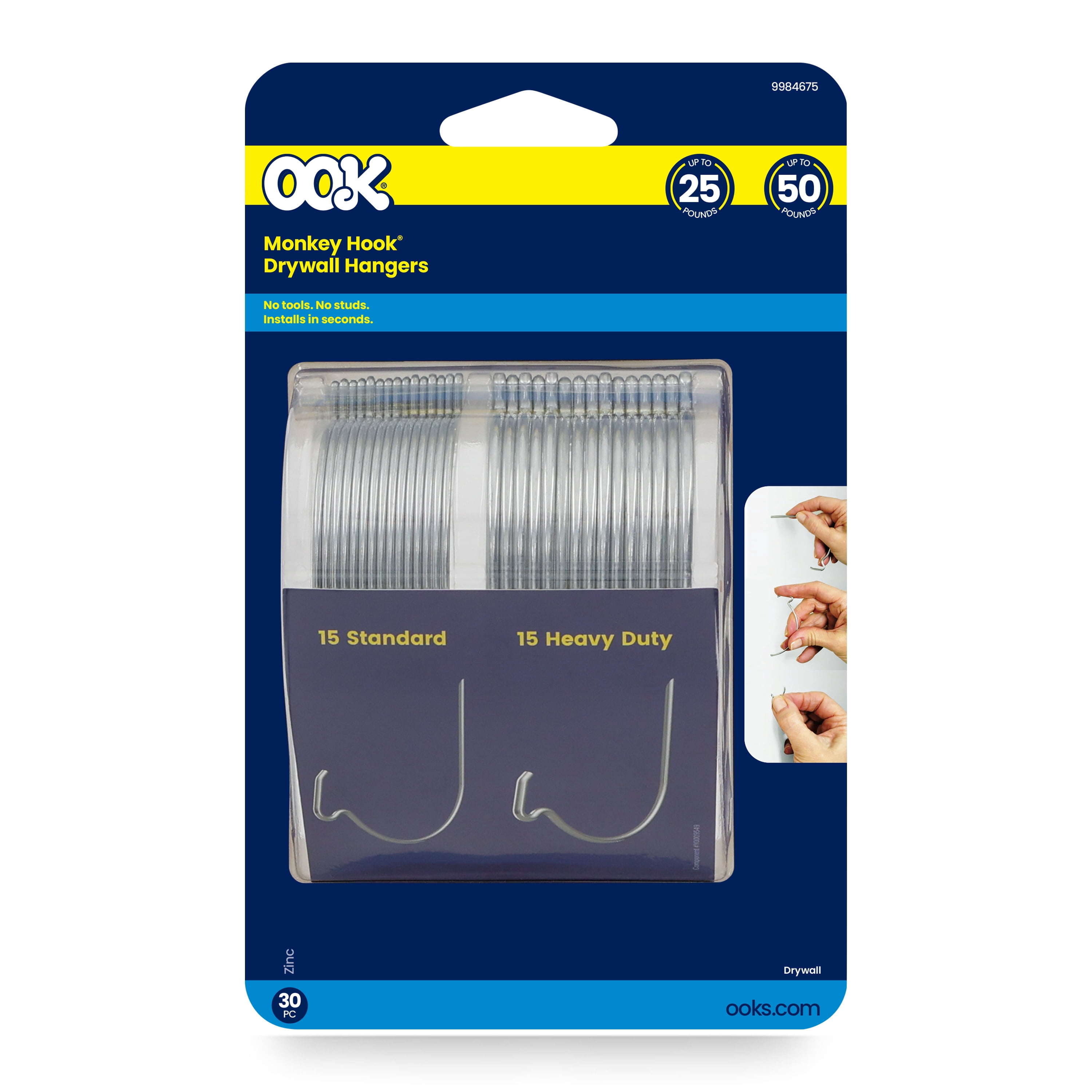 Ook Monkey Hook Picture Hangers, Spring Steel Picture Hanging Hooks, 35-50 lbs, Zinc, Silver, 30 pack
