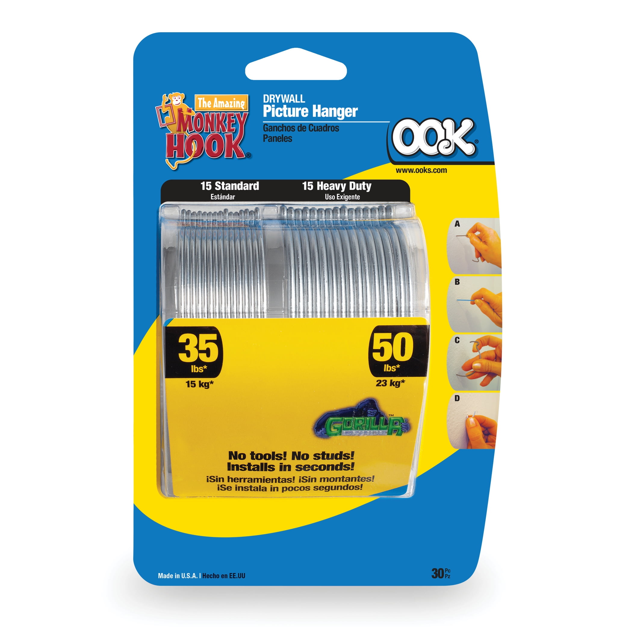 OOK Monkey Hook Picture Hangers, Steel Picture Hanging Hooks, Silver, 50lbs, 30 Pieces