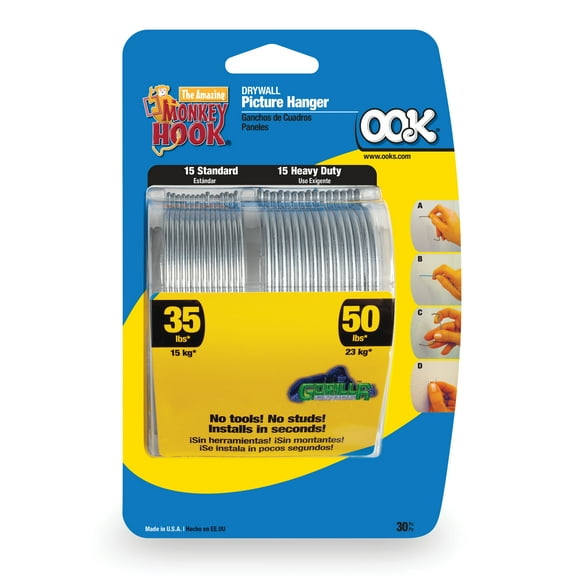 Ook Monkey Hook Picture Hangers, Spring Steel Picture Hanging Hooks, 35-50 lbs, Zinc, Silver, 30 pack