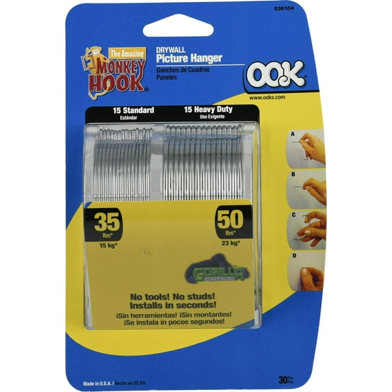 OOK Monkey and Gorilla Hook Drywall Picture Hangers (35-50lb) 30 Pack