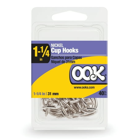 Ook Cup Hooks, 1-1/4", 1 lbs, Screw Hooks, Steel, Nickel, Silver, 40 pack