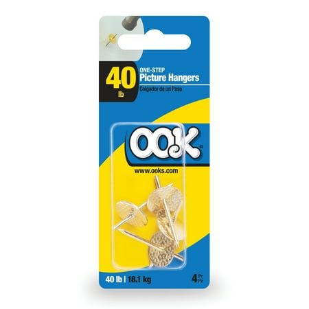 Ook One-Step Picture Hanger, Push Pin, 40 lbs, Steel, Brass, Gold, 4 pack