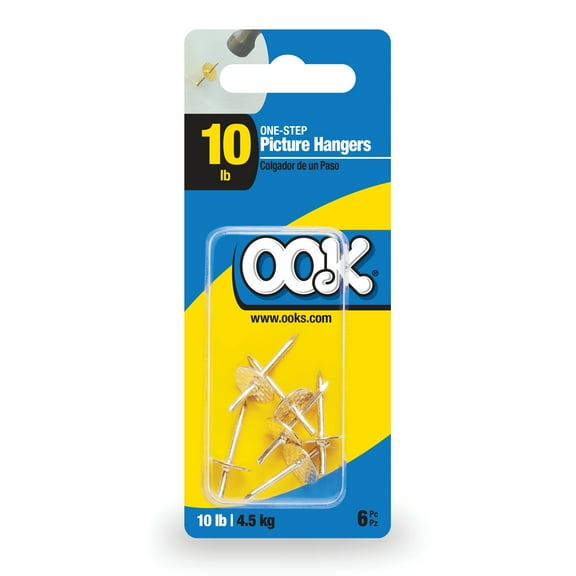 Ook One-Step Picture Hanger, Push Pin, 10 lbs, Steel, Brass, Gold, 6 pack