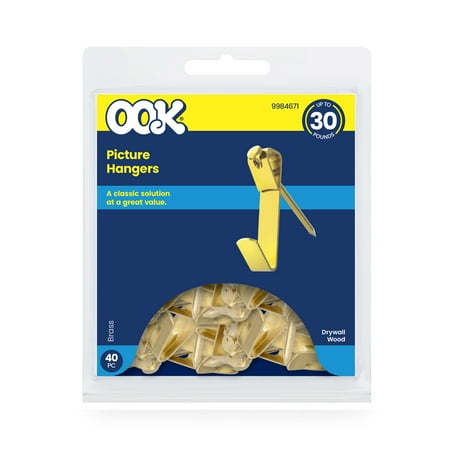 Ook Picture Hangers, 30 lbs, Steel Picture Hooks, Brass, Gold, 40 pack