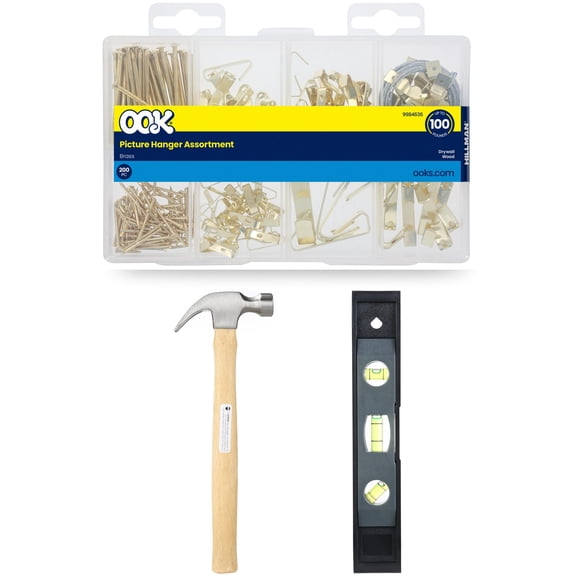 OOK Picture Hanging Kit with Hyper Tough Claw Hammer and 9-Inch Torpedo Level Bundle