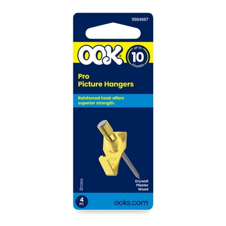 Ook Professional Picture Hangers, 10 lbs, Steel, for Drywall Plaster Wood, Brass Finish, Gold, 4 pack