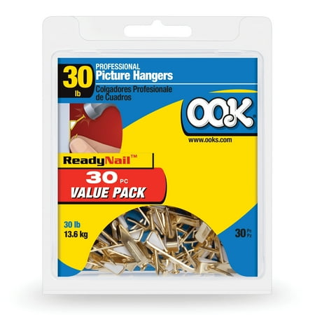Ook Professional Picture Hangers, 30 lbs, Steel, for Drywall Wood, Brass, Gold, 30 pack