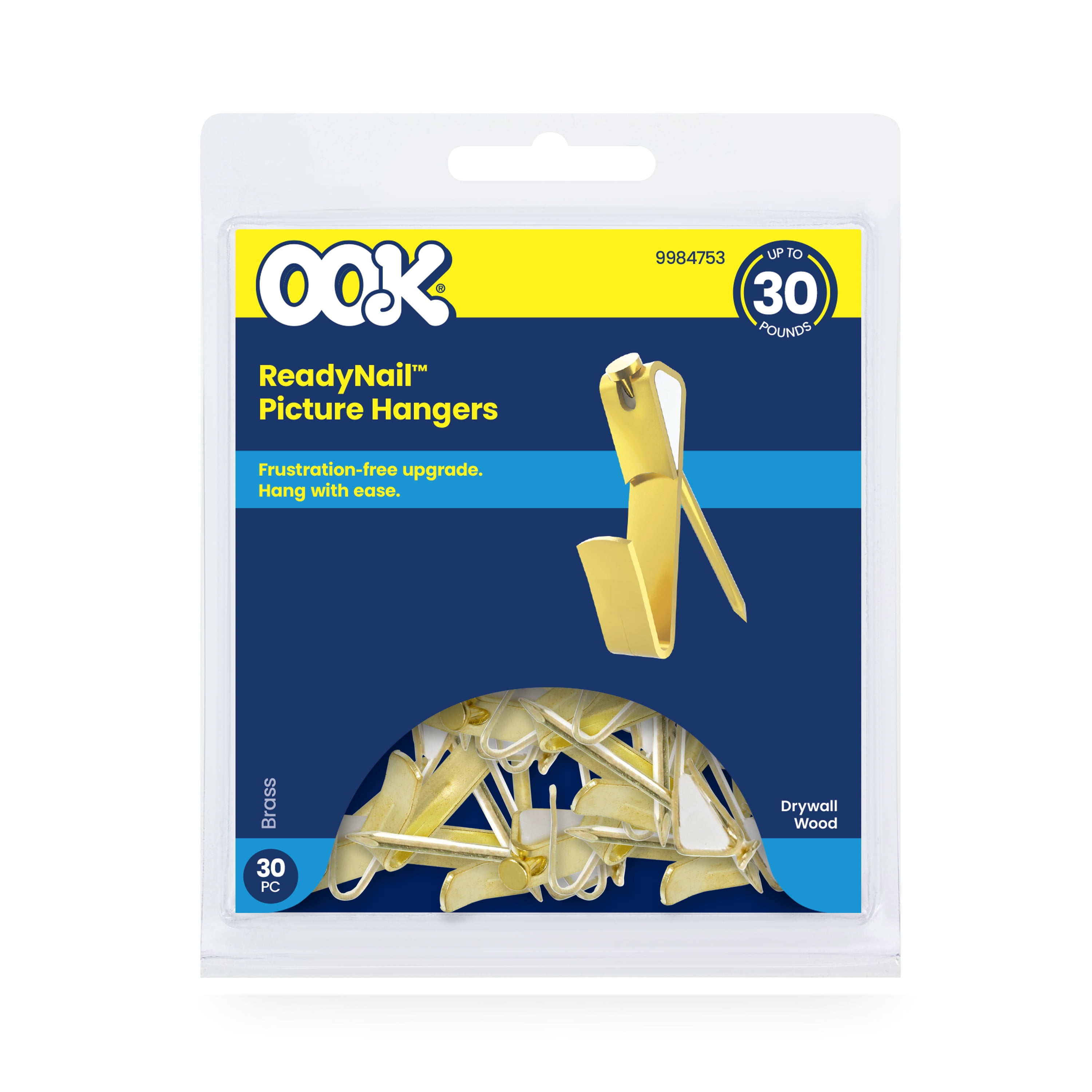 Ook Professional Picture Hangers, 30 lbs, Steel, for Drywall Wood, Brass, Gold, 30 pack