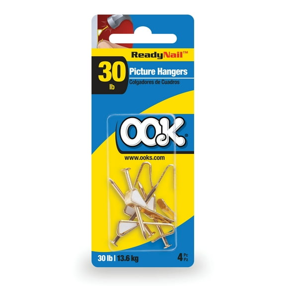 Ook Picture Hangers, ReadyNail, 30 lbs, Steel Picture Hooks, Brass, Brass, 4 pack