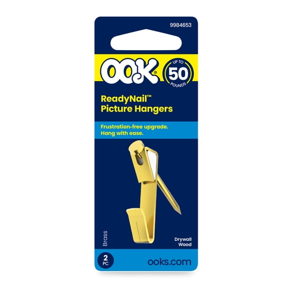 Ook Picture Hangers, ReadyNail, 50 lbs, for Drywall and Wood, Steel, Brass Finish, Gold, 2 pack